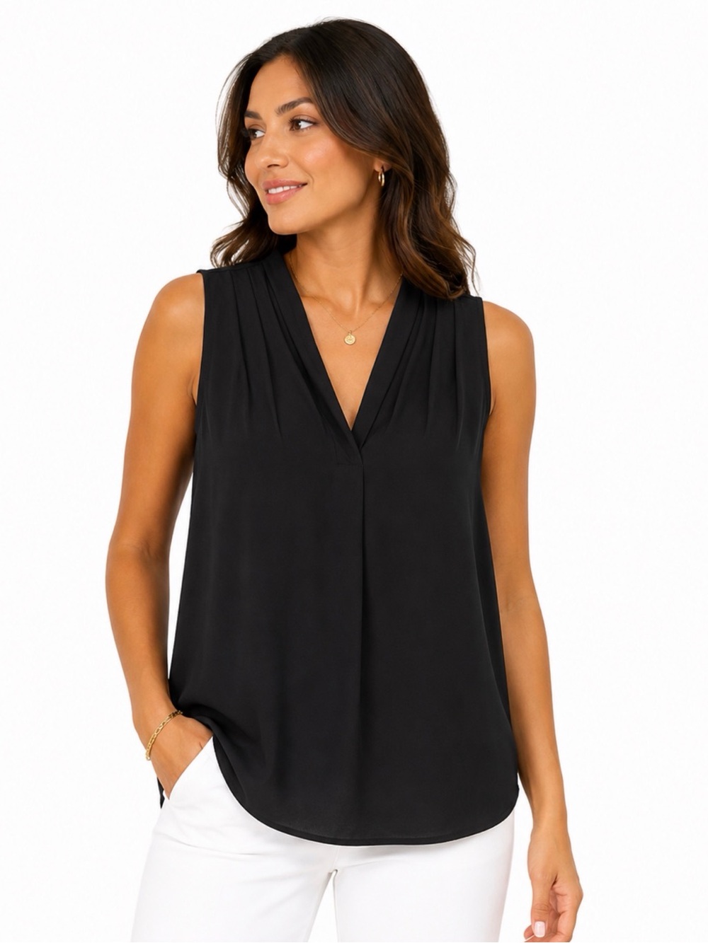 Adrianna Papell Black Sleeveless V-Neck Pleated Camisole